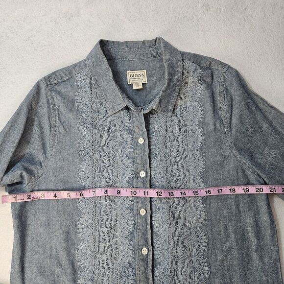 GUESS Chambray Denim Long Sleeve Buttom Down Sz M Shirt Women Sheer Panel - Picture 4 of 6